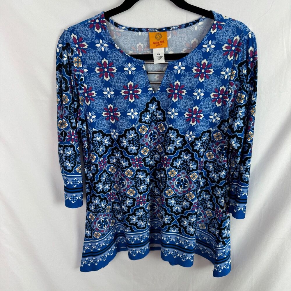 Ruby Rd. Women's Top Blouse Size PM Petite Medium Blue Print 3/4 Sleeves